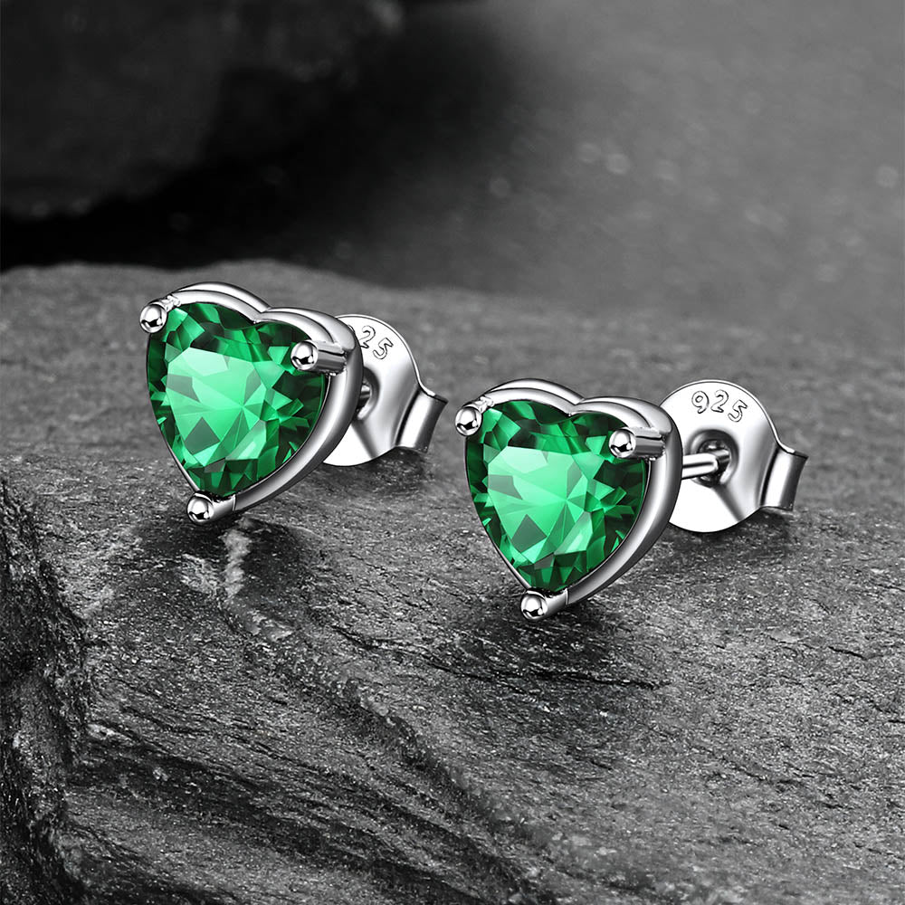 Silver Heart Birthstone Stud Earrings for