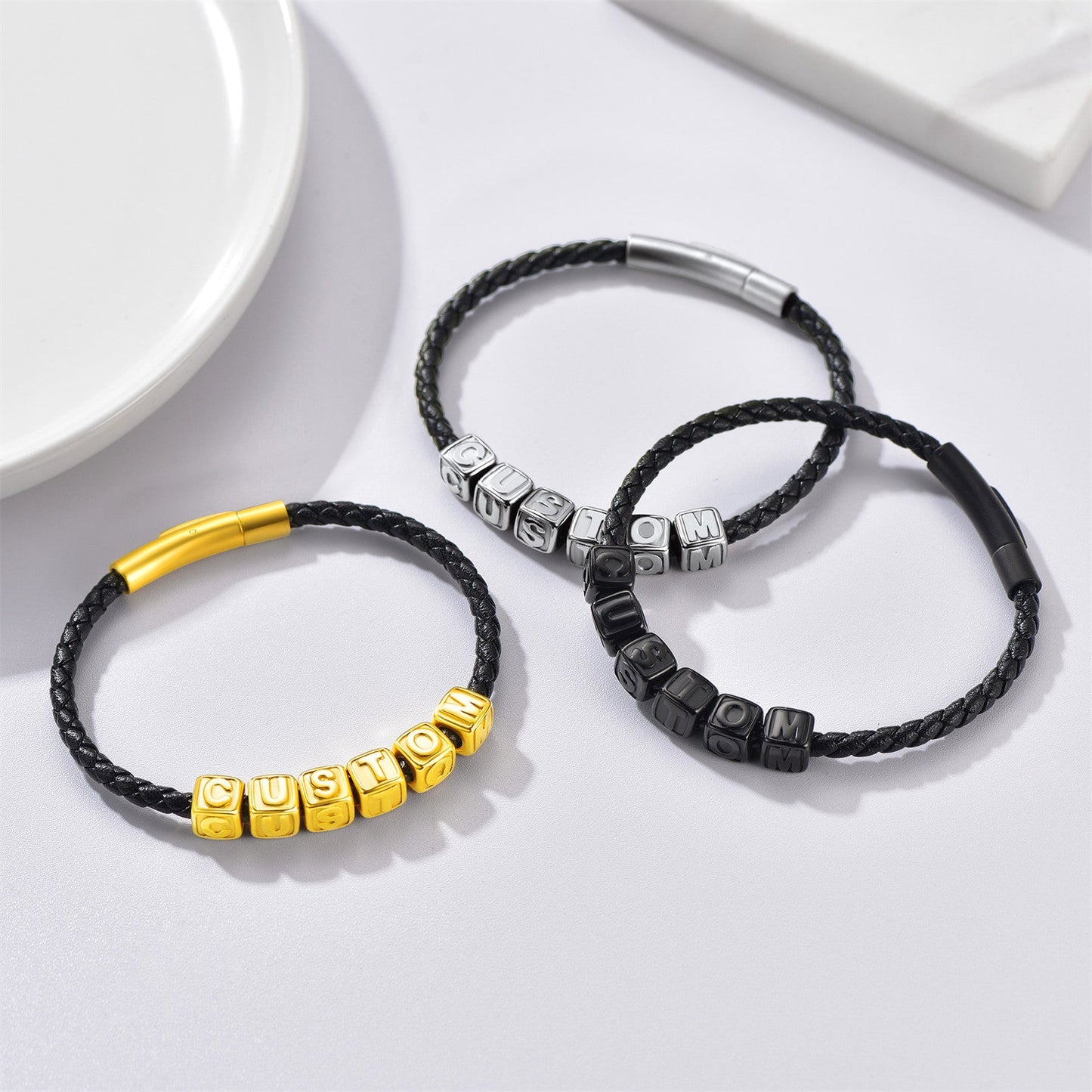 Personalized Initial Beaded Braided Leather Rope Bracelet for