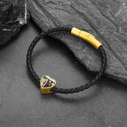 Customized Heart Black Braided Pu Leather Bracelet With Picture Memorial Gift