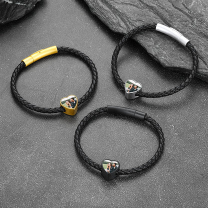 Customized Heart Black Braided Pu Leather Bracelet With Picture Memorial Gift