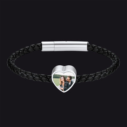 Customized Heart Black Braided Pu Leather Bracelet With Picture Memorial Gift