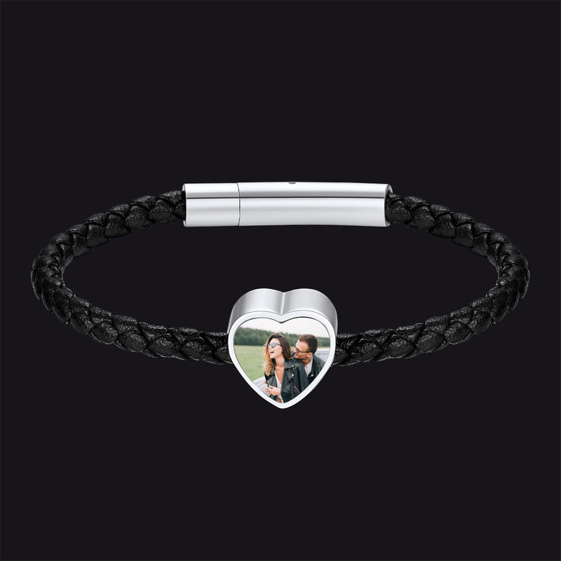 Customized Heart Black Braided Pu Leather Bracelet With Picture Memorial Gift