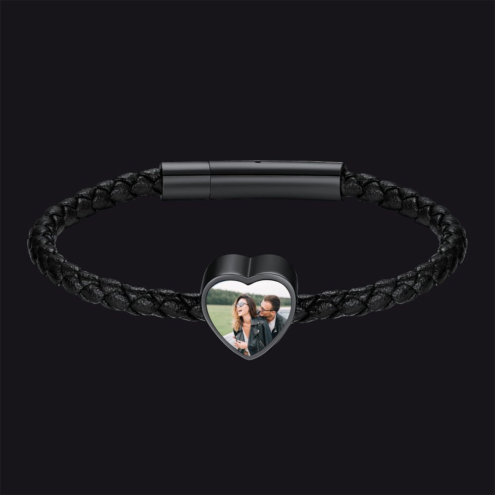 Customized Heart Black Braided Pu Leather Bracelet With Picture Memorial Gift
