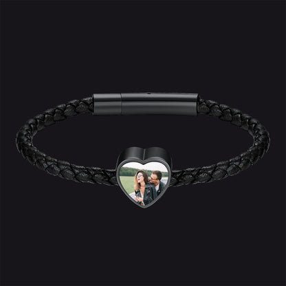 Customized Heart Black Braided Pu Leather Bracelet With Picture Memorial Gift