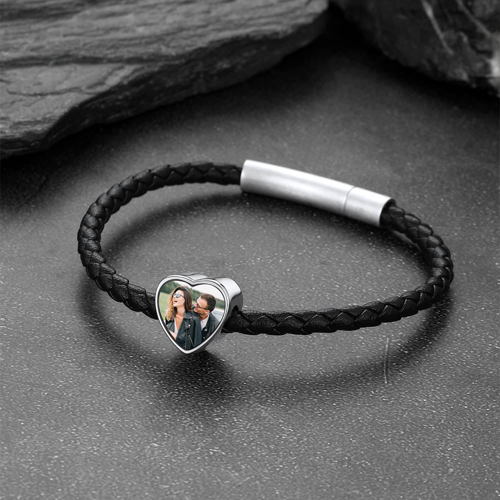 Customized Heart Black Braided Pu Leather Bracelet With Picture Memorial Gift