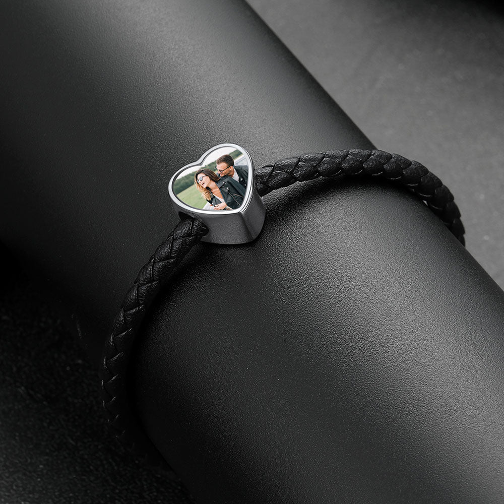 Customized Heart Black Braided Pu Leather Bracelet With Picture Memorial Gift