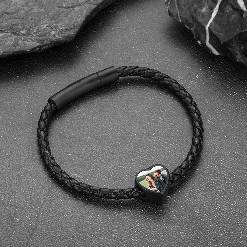 Customized Heart Black Braided Pu Leather Bracelet With Picture Memorial Gift