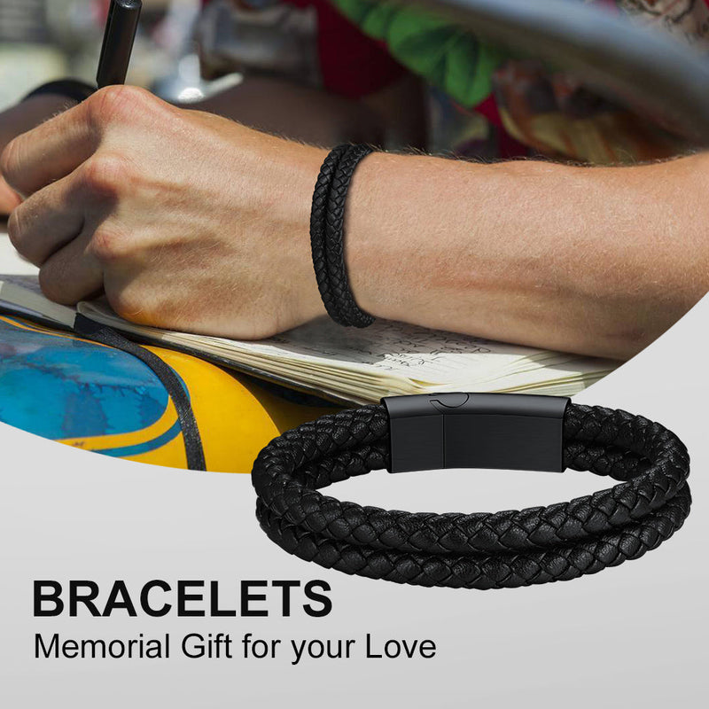 Engraved Custom Double Black Braided Leather Bracelet Cuff for Son