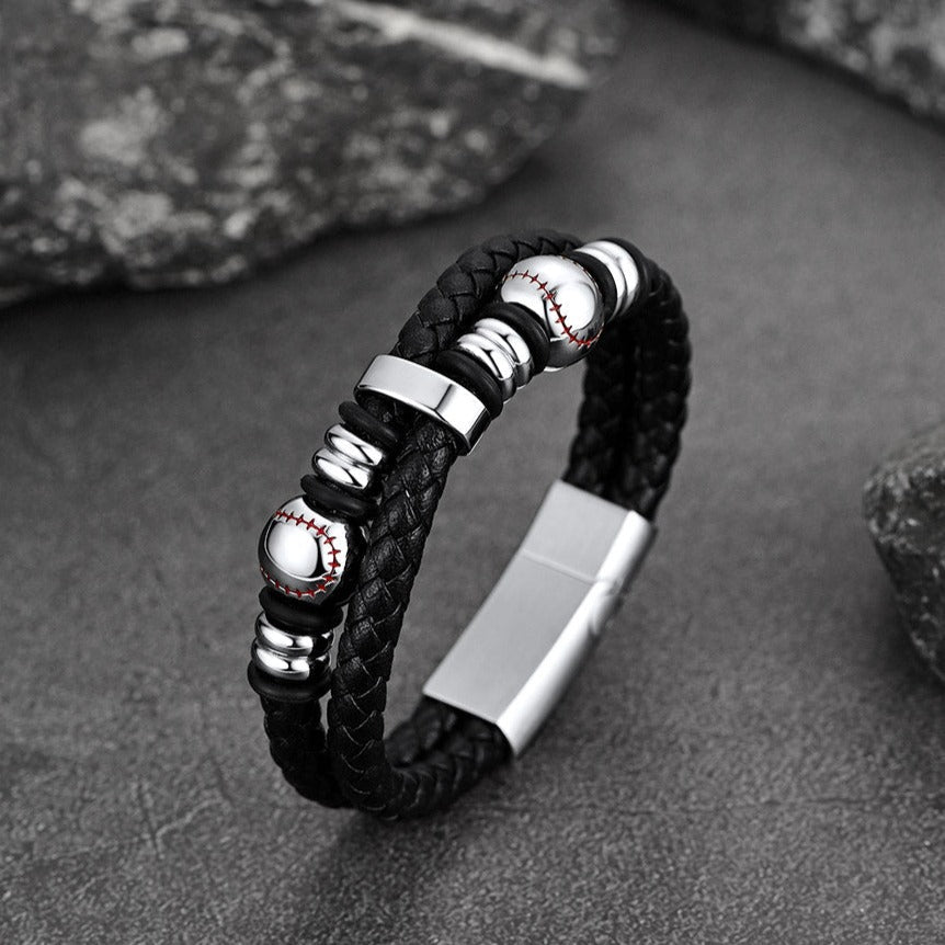 Sport Baseball Leather Cuff Bracelet Braided for