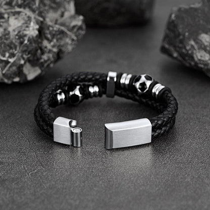 Punk Soccer Black Leather Braided Bracelet for