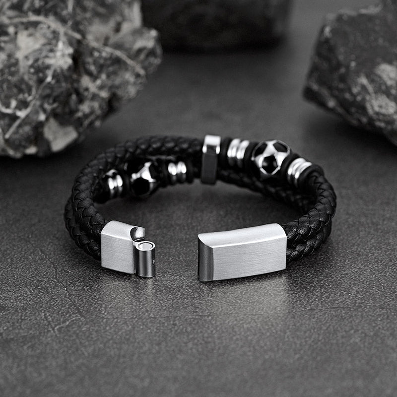 Punk Soccer Black Leather Braided Bracelet for