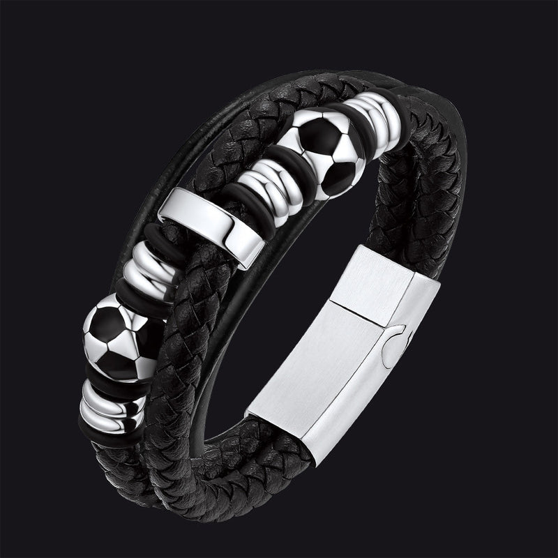 Punk Soccer Black Leather Braided Bracelet for