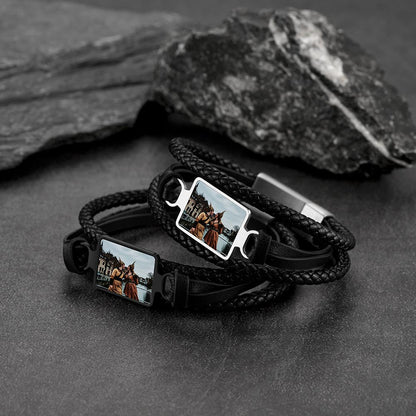 Personalized Picture Black Leather Bracelet Gift for