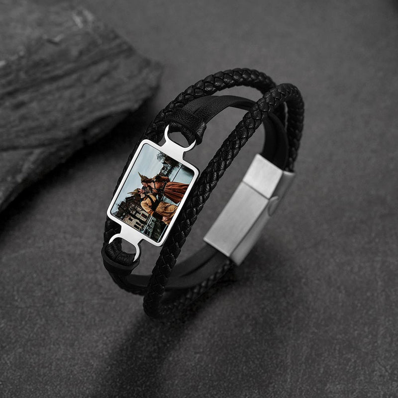 Personalized Picture Black Leather Bracelet Gift for