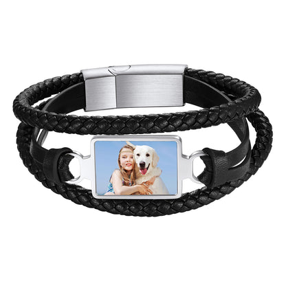 Personalized Picture Black Leather Bracelet Gift for