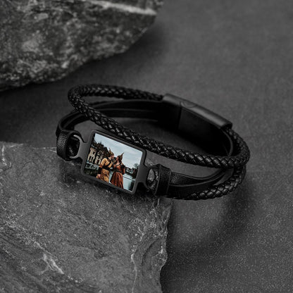 Personalized Picture Black Leather Bracelet Gift for