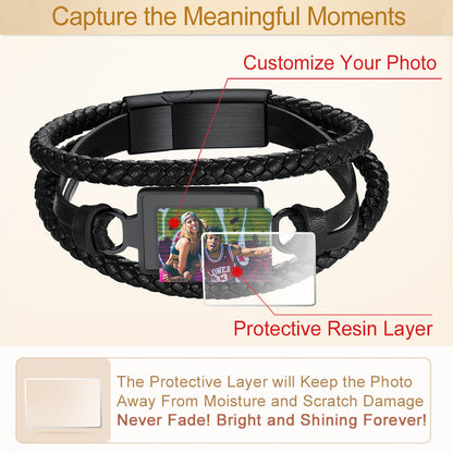 Personalized Picture Black Leather Bracelet Gift for