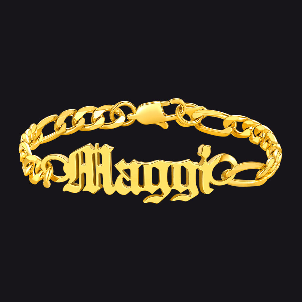 Engraved Name 6mm Figaro Link Chain Bracelet Gift for