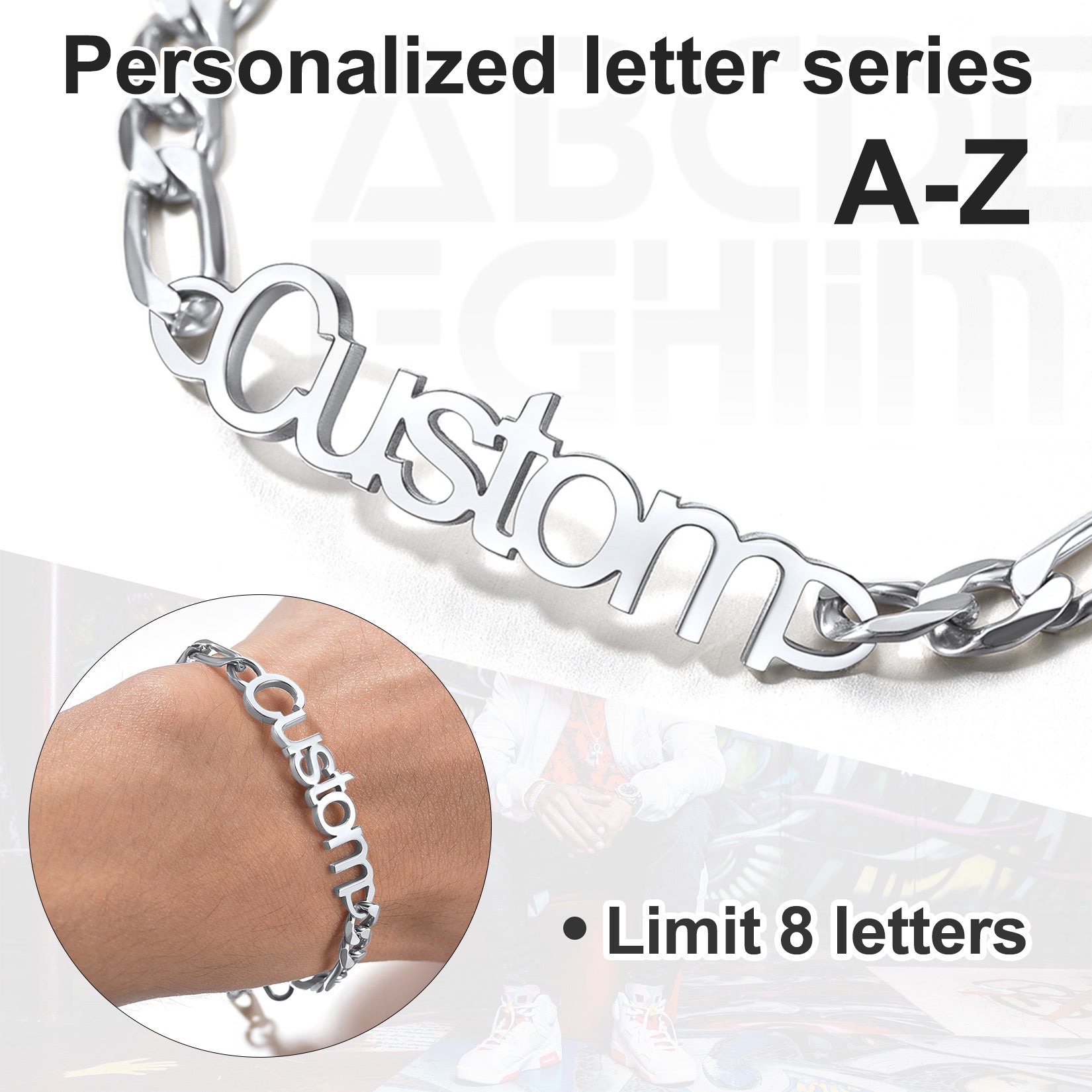Engraved Name 6mm Figaro Link Chain Bracelet Gift for