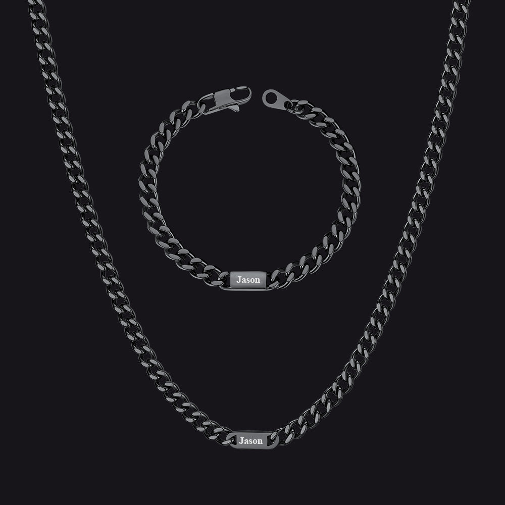 5/7mm Engraved Name Cuban Chain & Bracelet Gift Set for