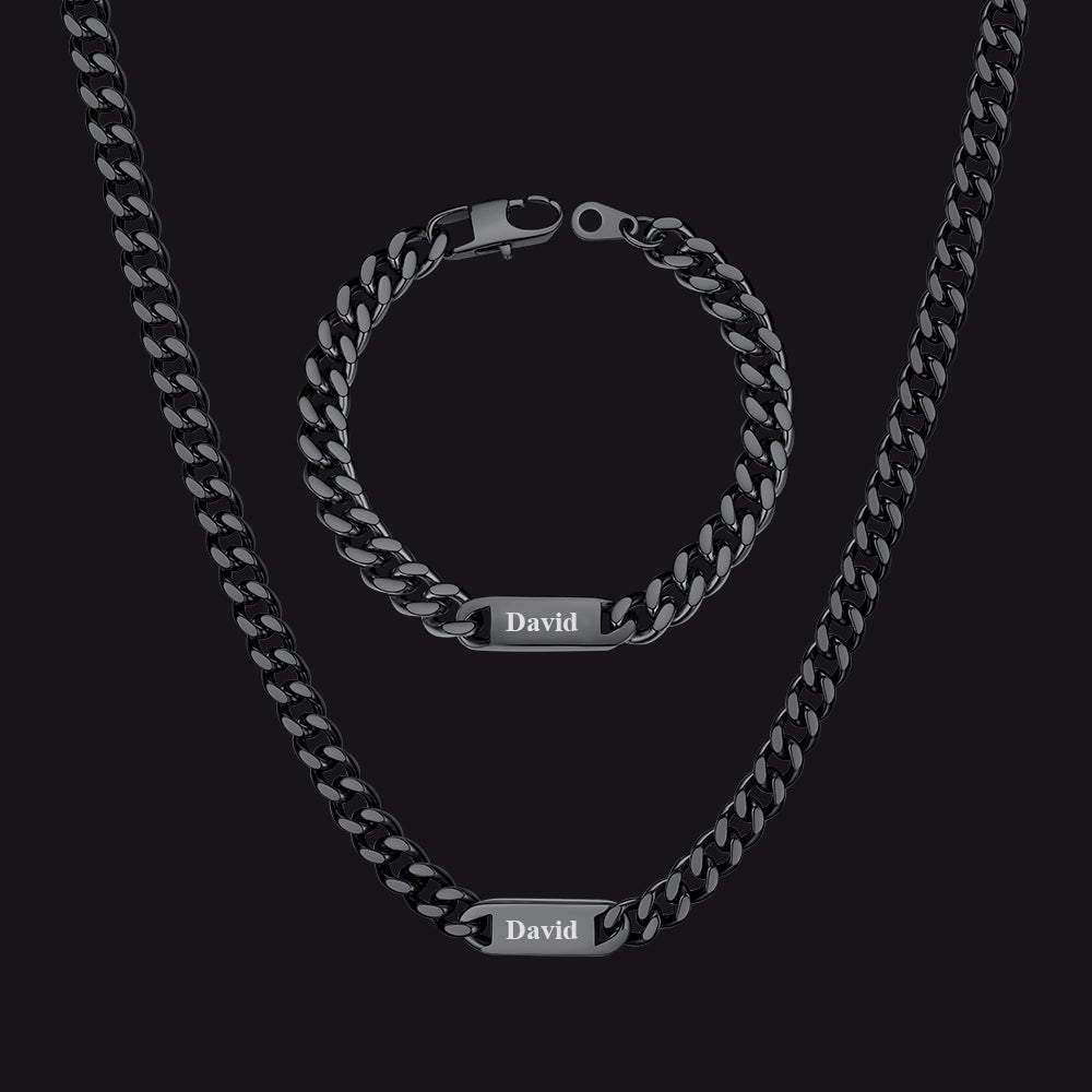 5/7mm Engraved Name Cuban Chain & Bracelet Gift Set for