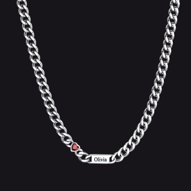 Personalized Name Cuban Chain Necklace With Heart Birthstone for Mom