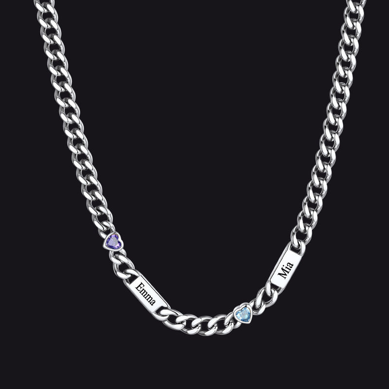 Personalized Name Cuban Chain Necklace With Heart Birthstone for Mom