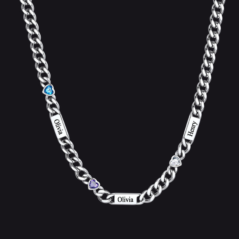 Personalized Name Cuban Chain Necklace With Heart Birthstone for Mom