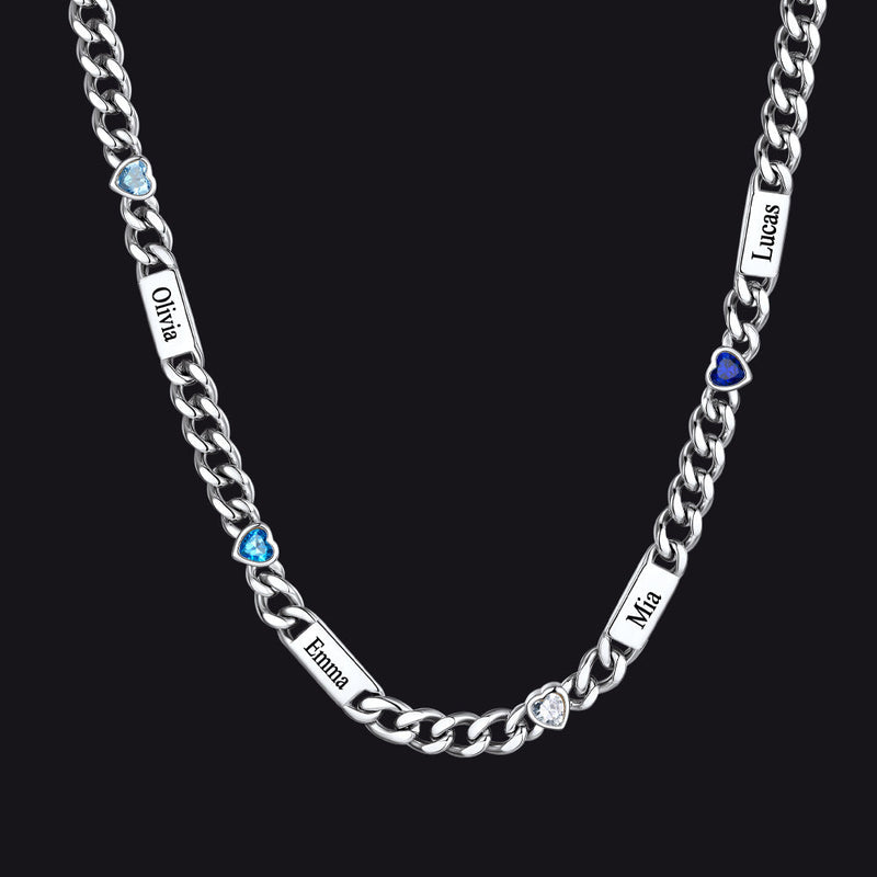Personalized Name Cuban Chain Necklace With Heart Birthstone for Mom
