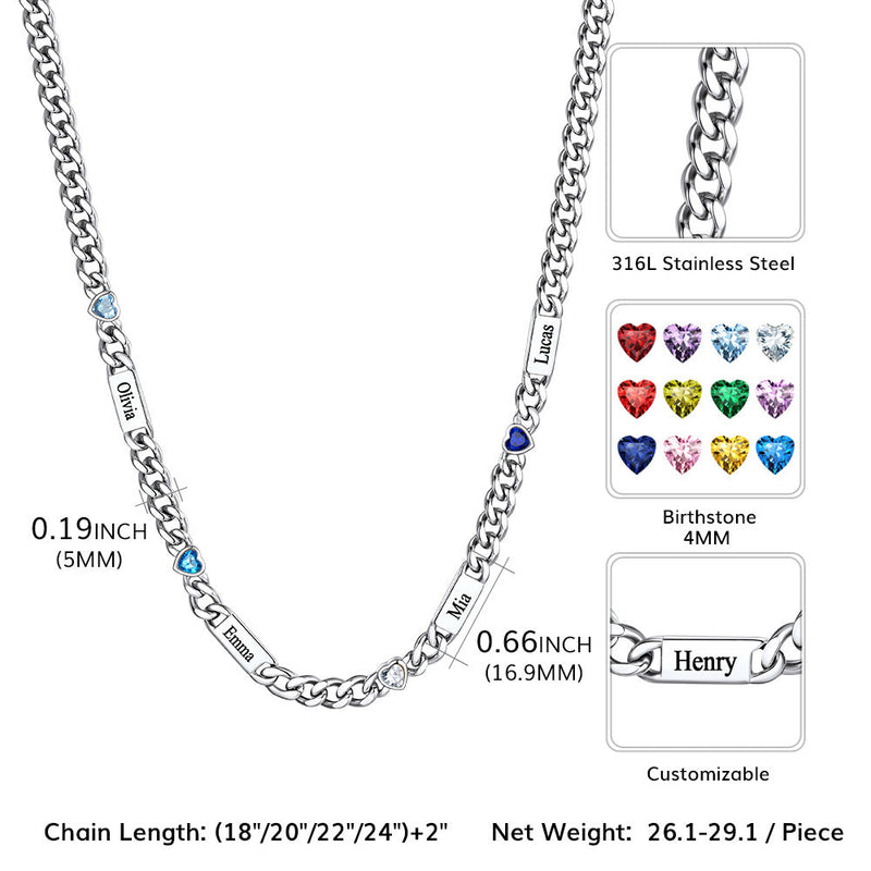 Personalized Name Cuban Chain Necklace With Heart Birthstone for Mom