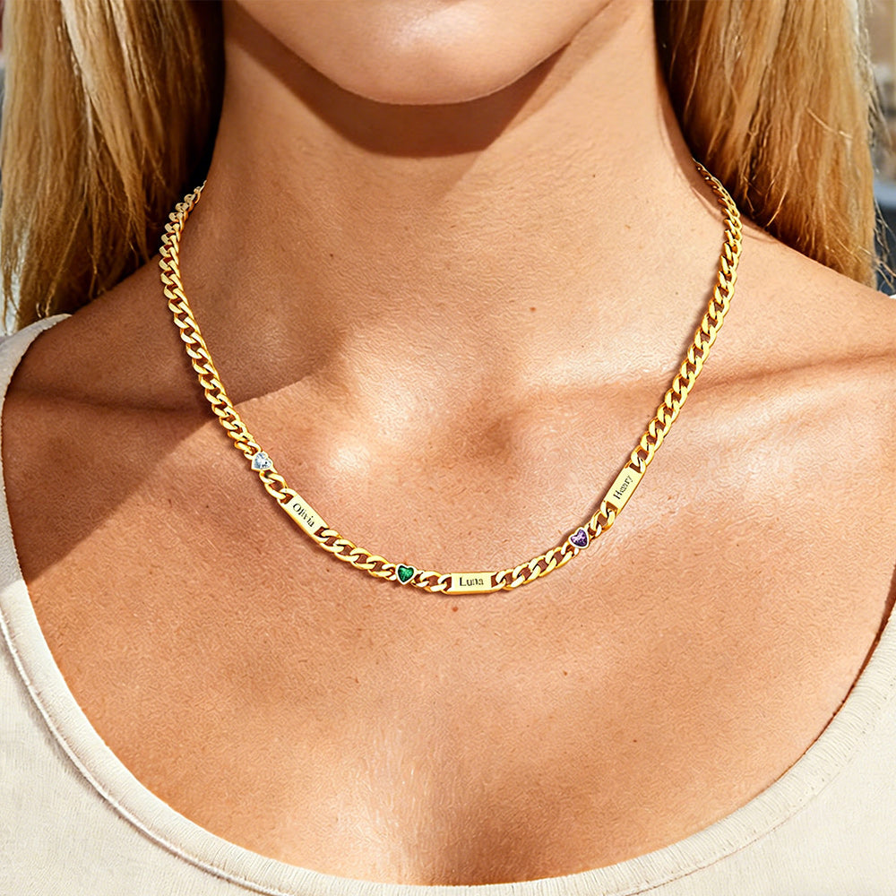Personalized Name Cuban Chain Necklace With Heart Birthstone for Mom