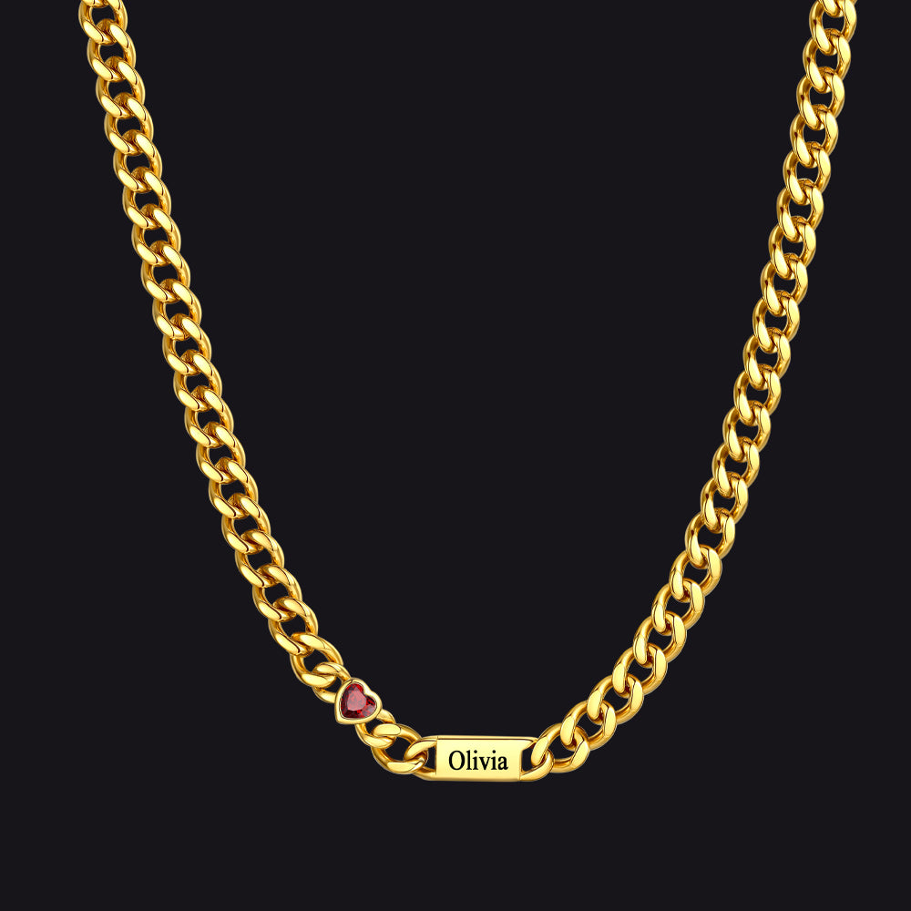 Personalized Name Cuban Chain Necklace With Heart Birthstone for Mom