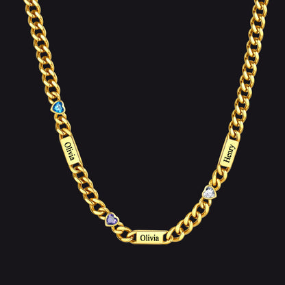 Personalized Name Cuban Chain Necklace With Heart Birthstone for Mom