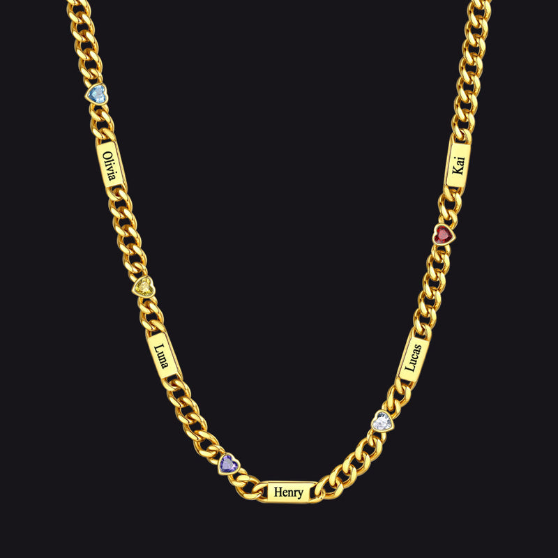 Personalized Name Cuban Chain Necklace With Heart Birthstone for Mom