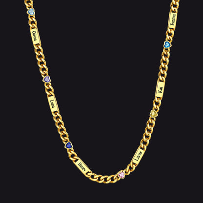 Personalized Name Cuban Chain Necklace With Heart Birthstone for Mom