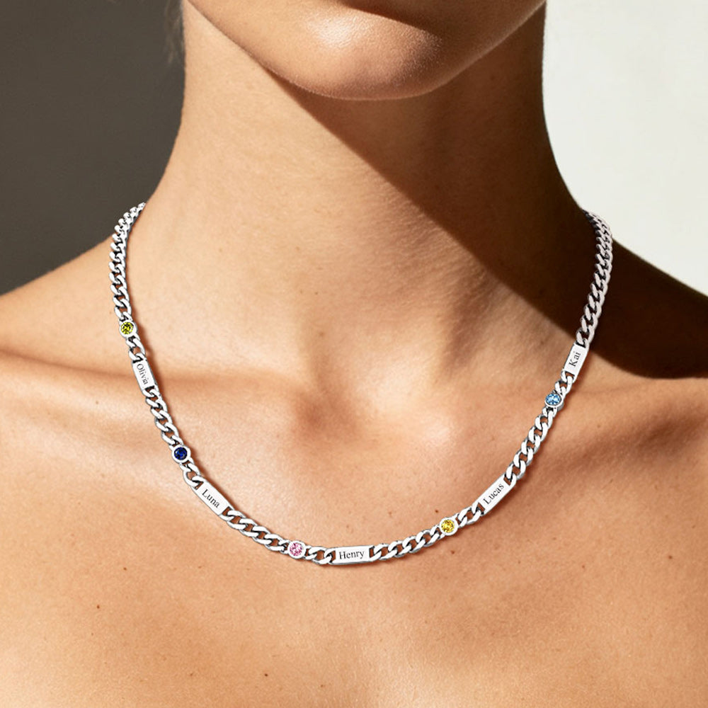 Customized Engraved Name Birthstone Cuban Chain Necklace for