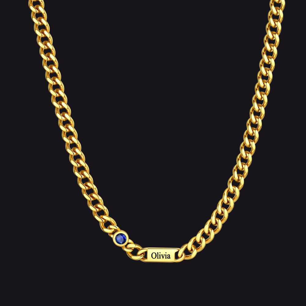 Customized Engraved Name Birthstone Cuban Chain Necklace for
