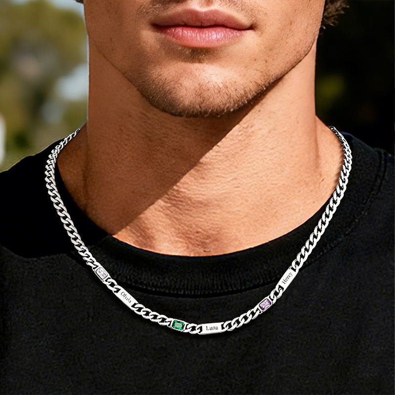 Customized Birthstone Cuban Chain Necklace With Name for