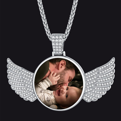 Sterling Silver Customized Memorial Picture Circle Chain Necklace With Angel Wing for