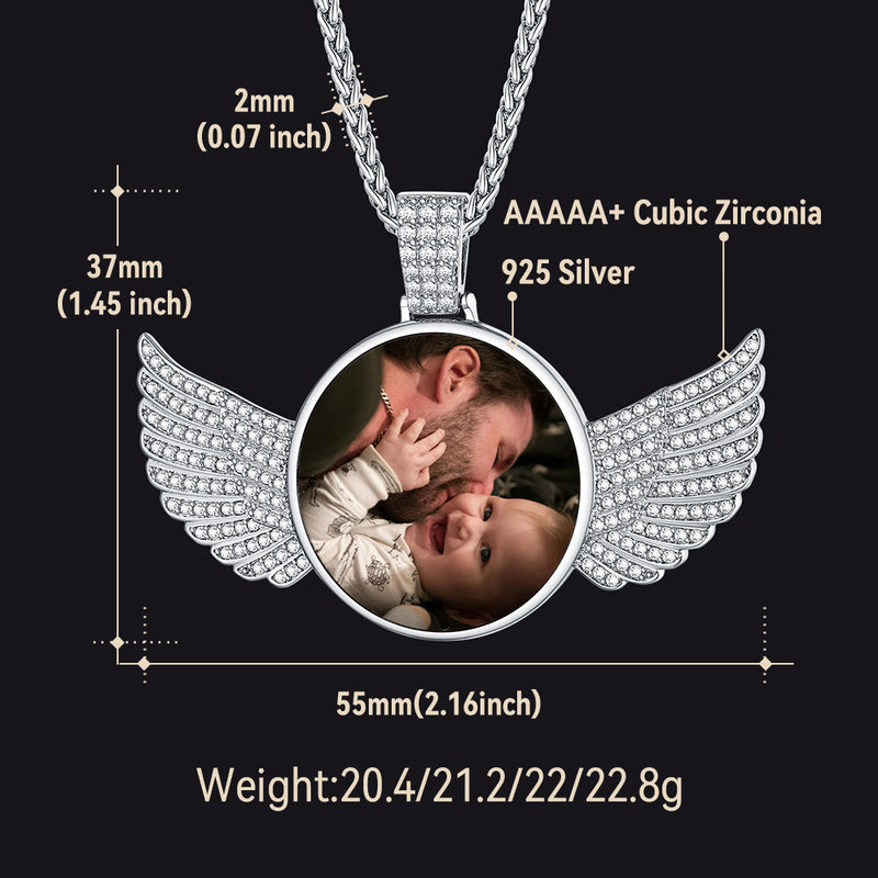 Sterling Silver Customized Memorial Picture Circle Chain Necklace With Angel Wing for