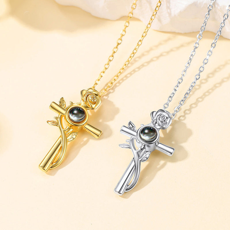 Personalized Projection Picture Cross Necklace With Rose for Mom