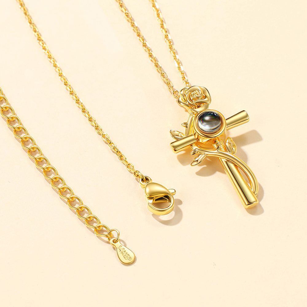 Personalized Projection Picture Cross Necklace With Rose for Mom
