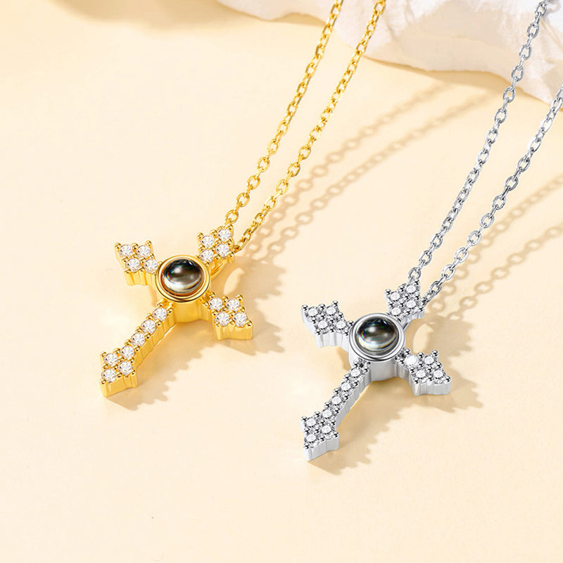 Personalized Projection Picture Punk Cross Pendant Necklace With Cz for Mom