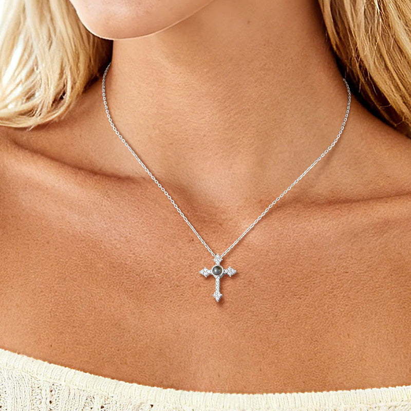 Personalized Projection Picture Punk Cross Pendant Necklace With Cz for Mom