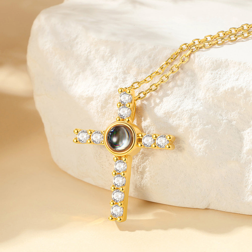 Personalized Projection Picture Cross Necklace for , Photo Pendant With Cz