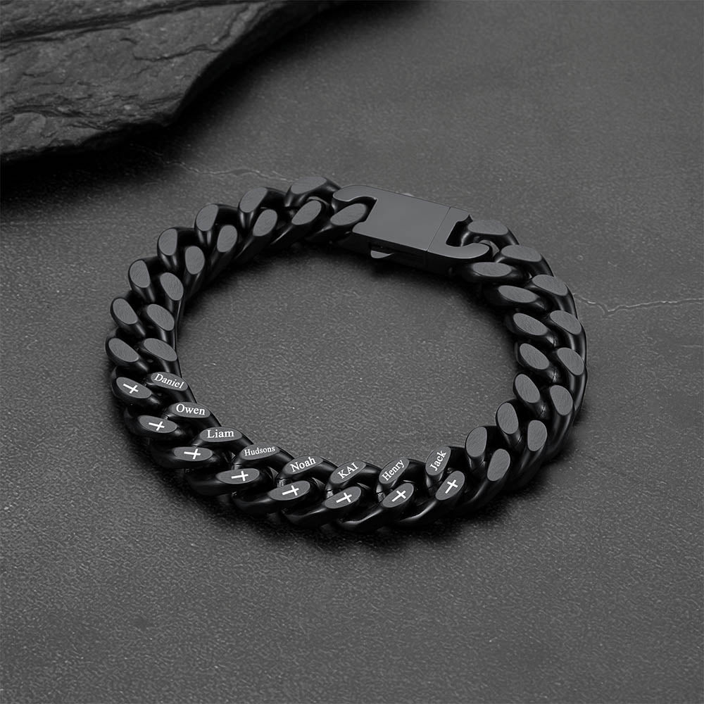 Personalized Multi Names Cuban Chain Bracelet With Cross Gift for Him , 12mm Width