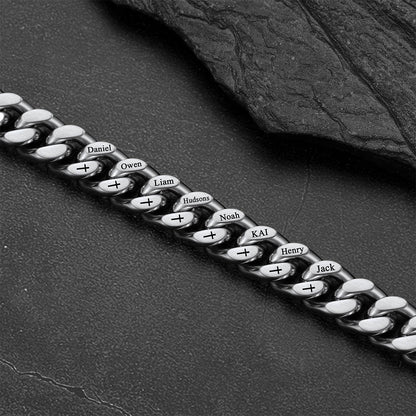 Personalized Multi Names Cuban Chain Bracelet With Cross Gift for Him , 12mm Width
