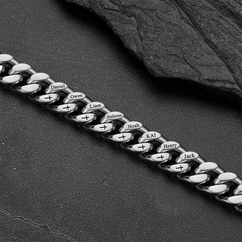 Personalized Multi Names Cuban Chain Bracelet With Cross Gift for Him , 12mm Width