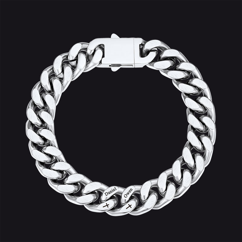 Personalized Multi Names Cuban Chain Bracelet With Cross Gift for Him , 12mm Width