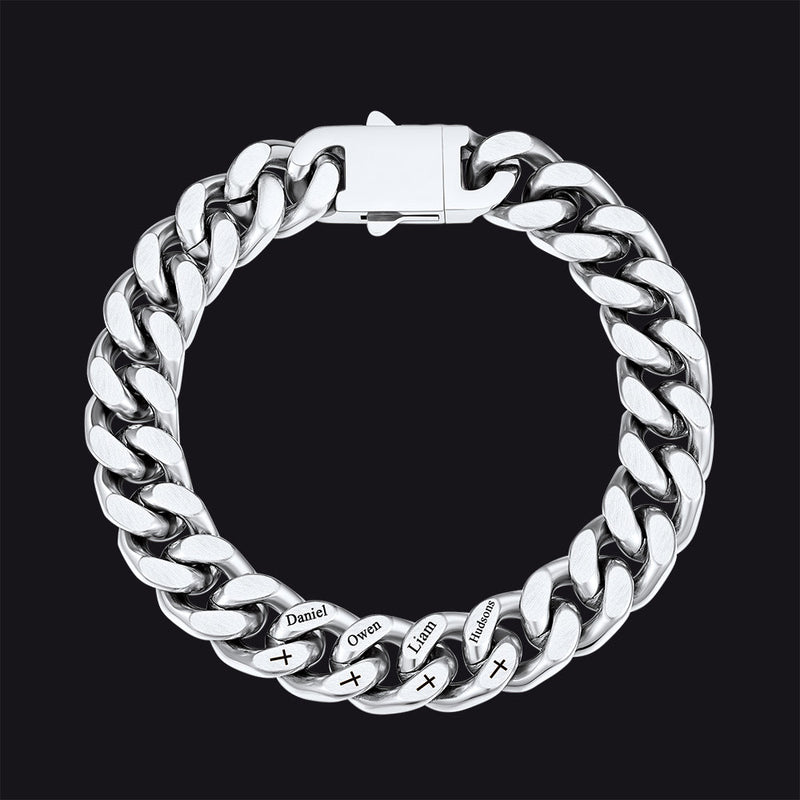 Personalized Multi Names Cuban Chain Bracelet With Cross Gift for Him , 12mm Width